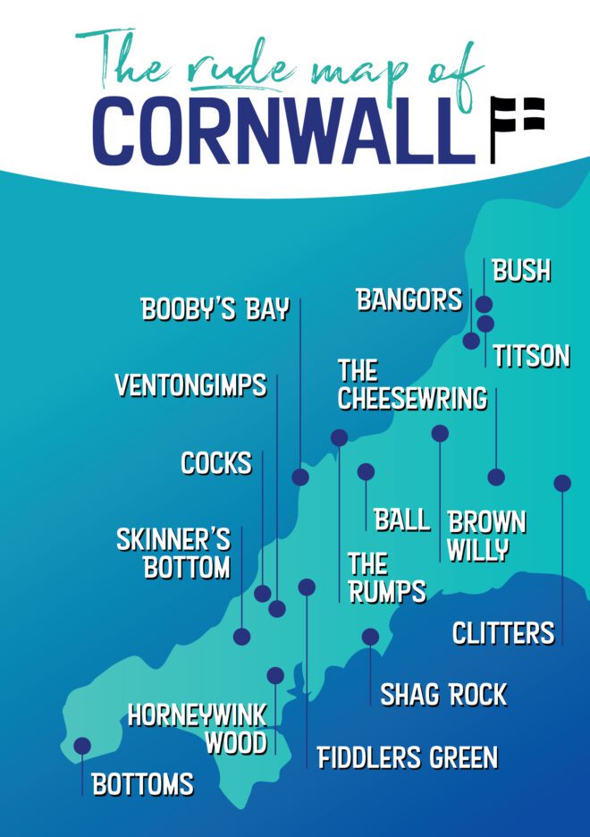 Rude Cornish place names. Front cover of funny Cornish A5 lined notebook.