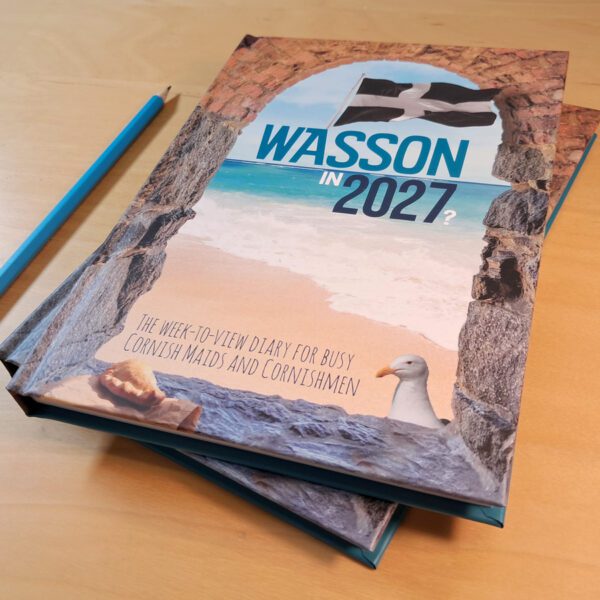 Two stacked and closed copies of funny Cornwall 2027 diary "Wasson in 2027?" on a wooden desk with a blue pencil alongside. The cover of the diary reads "Wasson in 2027?".