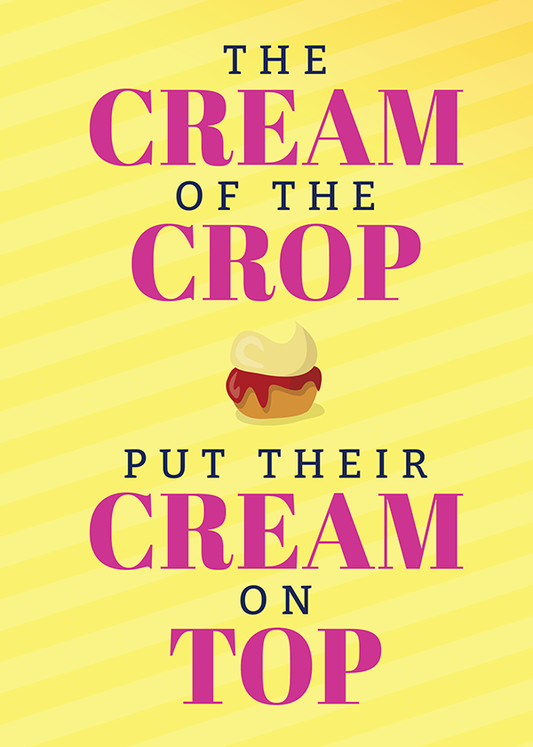 Front cover of yellow Cornwall hardback A5 notebook containing the wording "The Cream of the Crop put their Cream on top".
